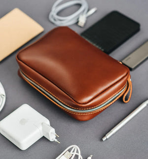 Zippered Leather Cable Organizer with Handle | Travel Tech Pouch