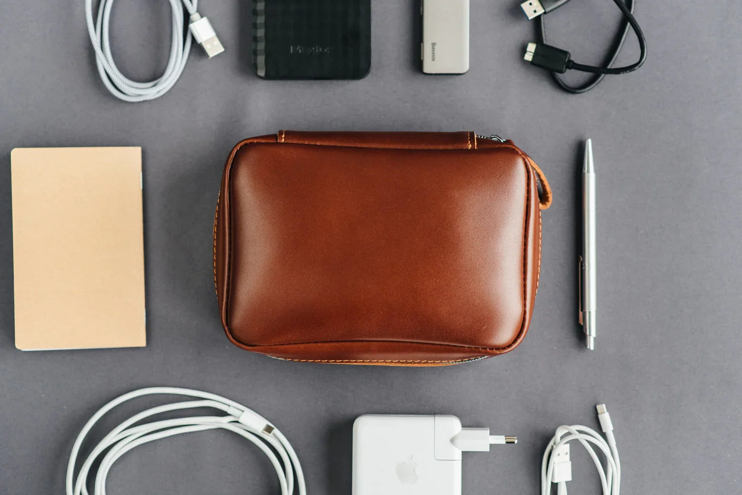 Zippered Leather Cable Organizer with Handle | Travel Tech Pouch