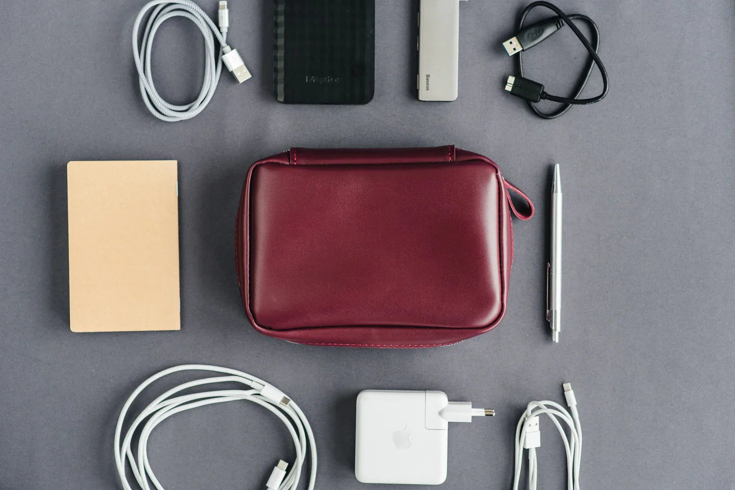 Zippered Leather Cable Organizer with Handle | Travel Tech Pouch