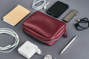 Zippered Leather Cable Organizer with Handle | Travel Tech Pouch