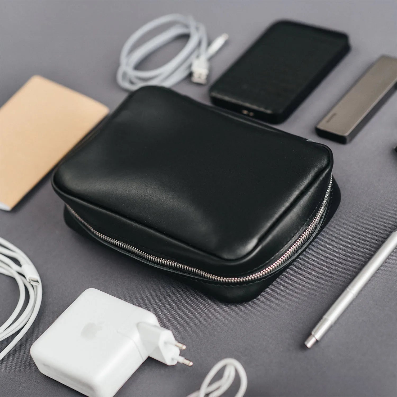 Zippered Leather Cable Organizer with Handle | Travel Tech Pouch