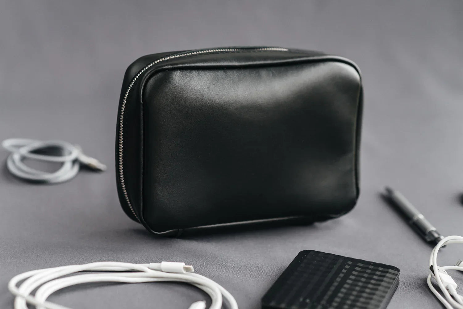 Zippered Leather Cable Organizer with Handle | Travel Tech Pouch
