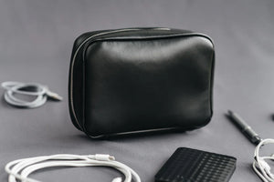 Zippered Leather Cable Organizer with Handle | Travel Tech Pouch