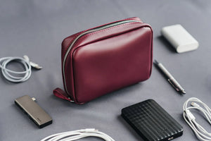 Zippered Leather Cable Organizer with Handle | Travel Tech Pouch