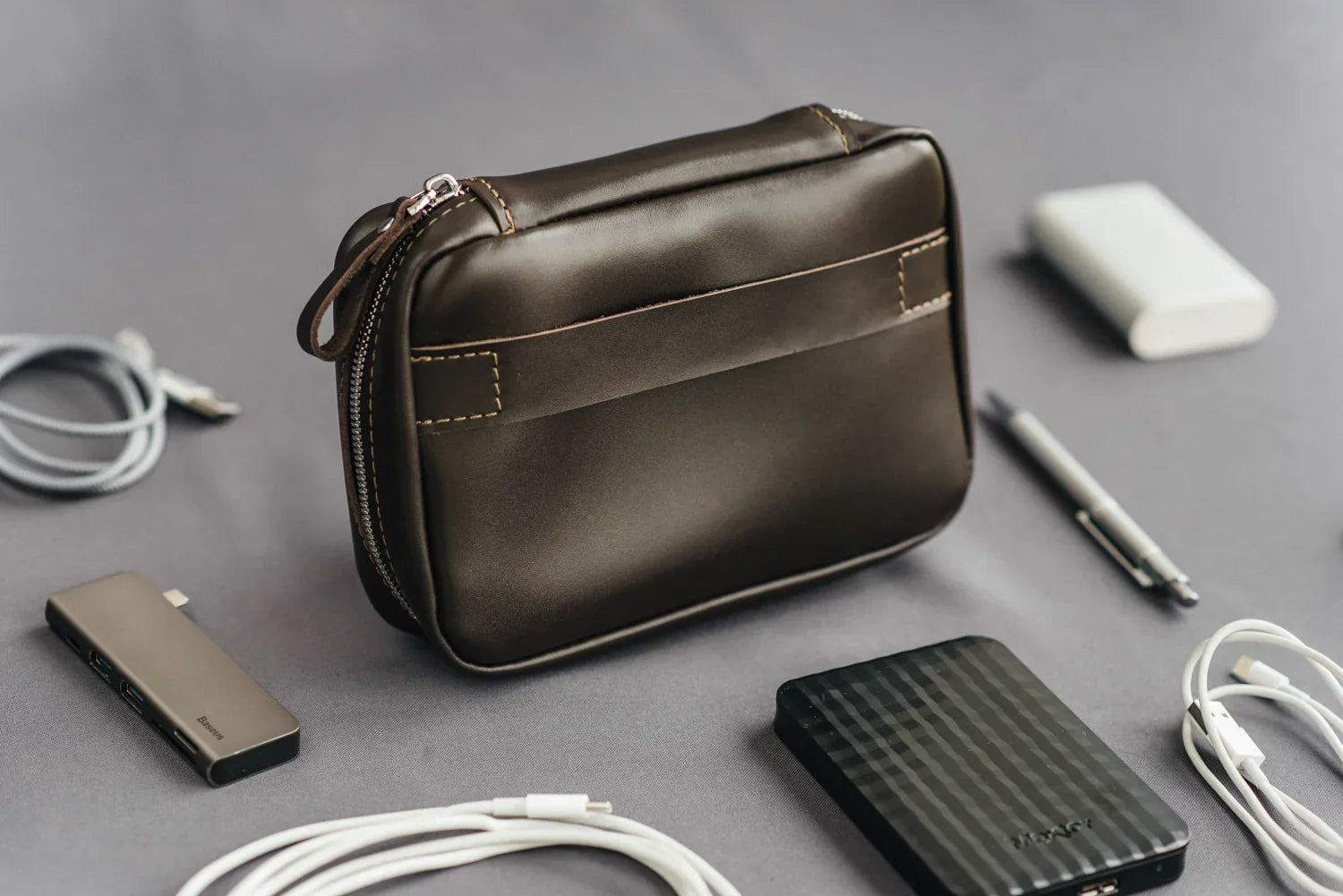 Zippered Leather Cable Organizer with Handle | Travel Tech Pouch