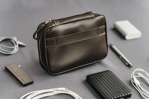 Zippered Leather Cable Organizer with Handle | Travel Tech Pouch