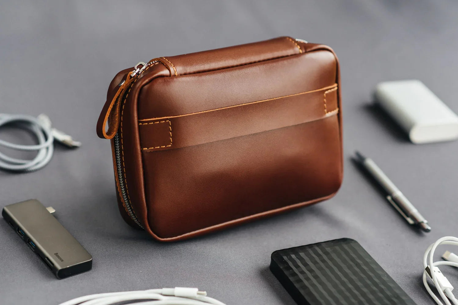 Zippered Leather Cable Organizer with Handle | Travel Tech Pouch