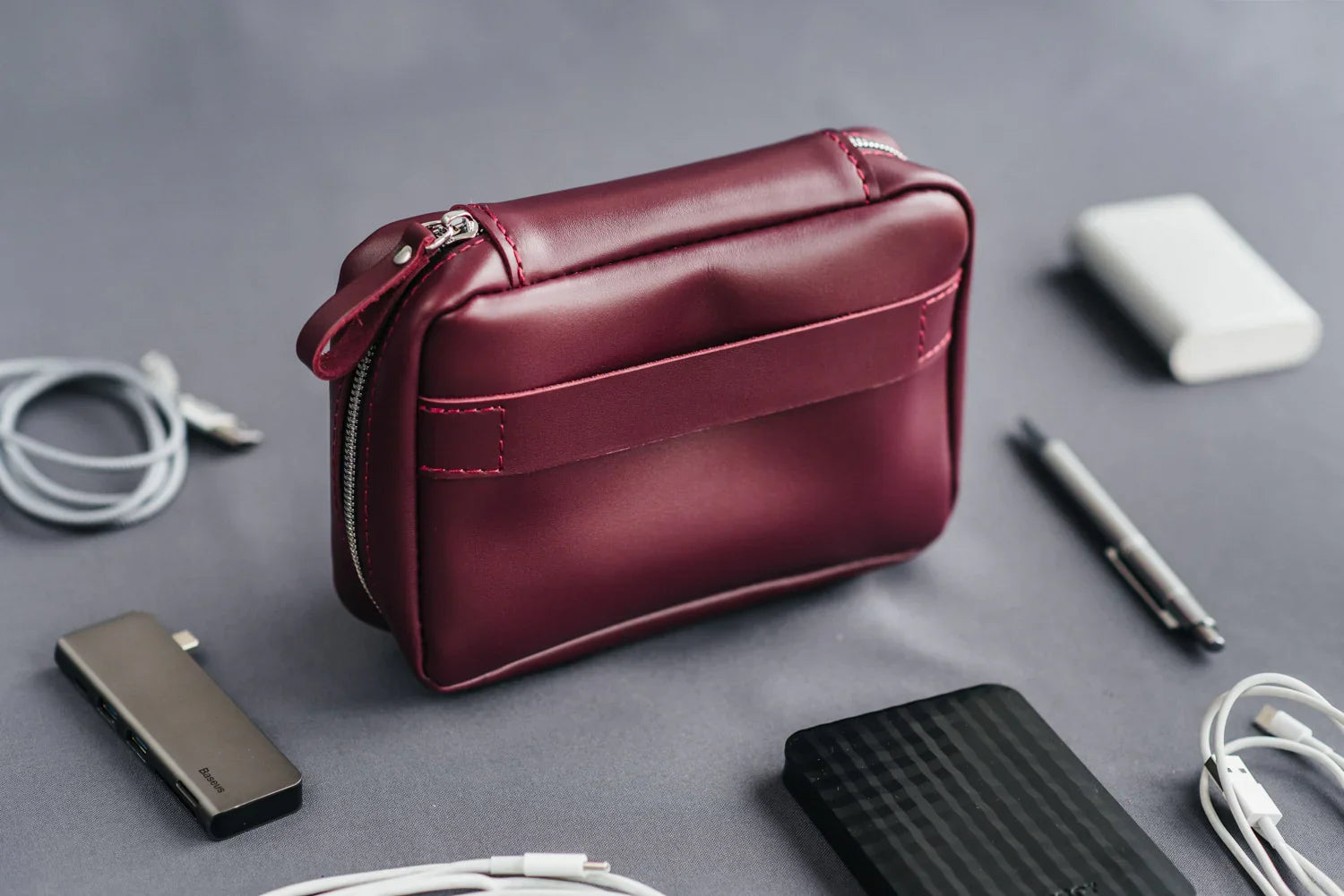 Zippered Leather Cable Organizer with Handle | Travel Tech Pouch