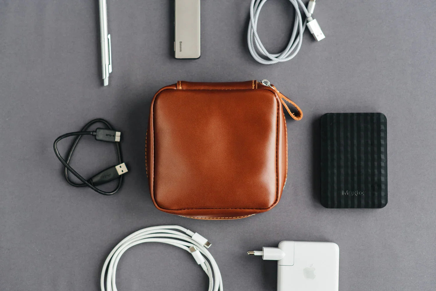 Zippered Leather Cable Organizer with Handle | Travel Tech Pouch