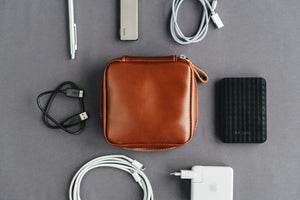 Zippered Leather Cable Organizer with Handle | Travel Tech Pouch