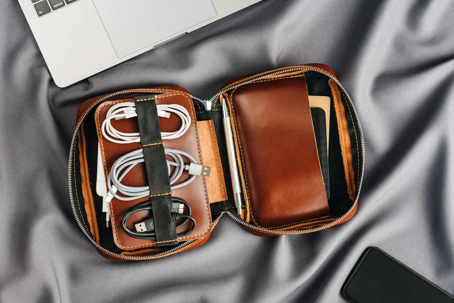 Zippered Leather Cable Organizer with Handle | Travel Tech Pouch