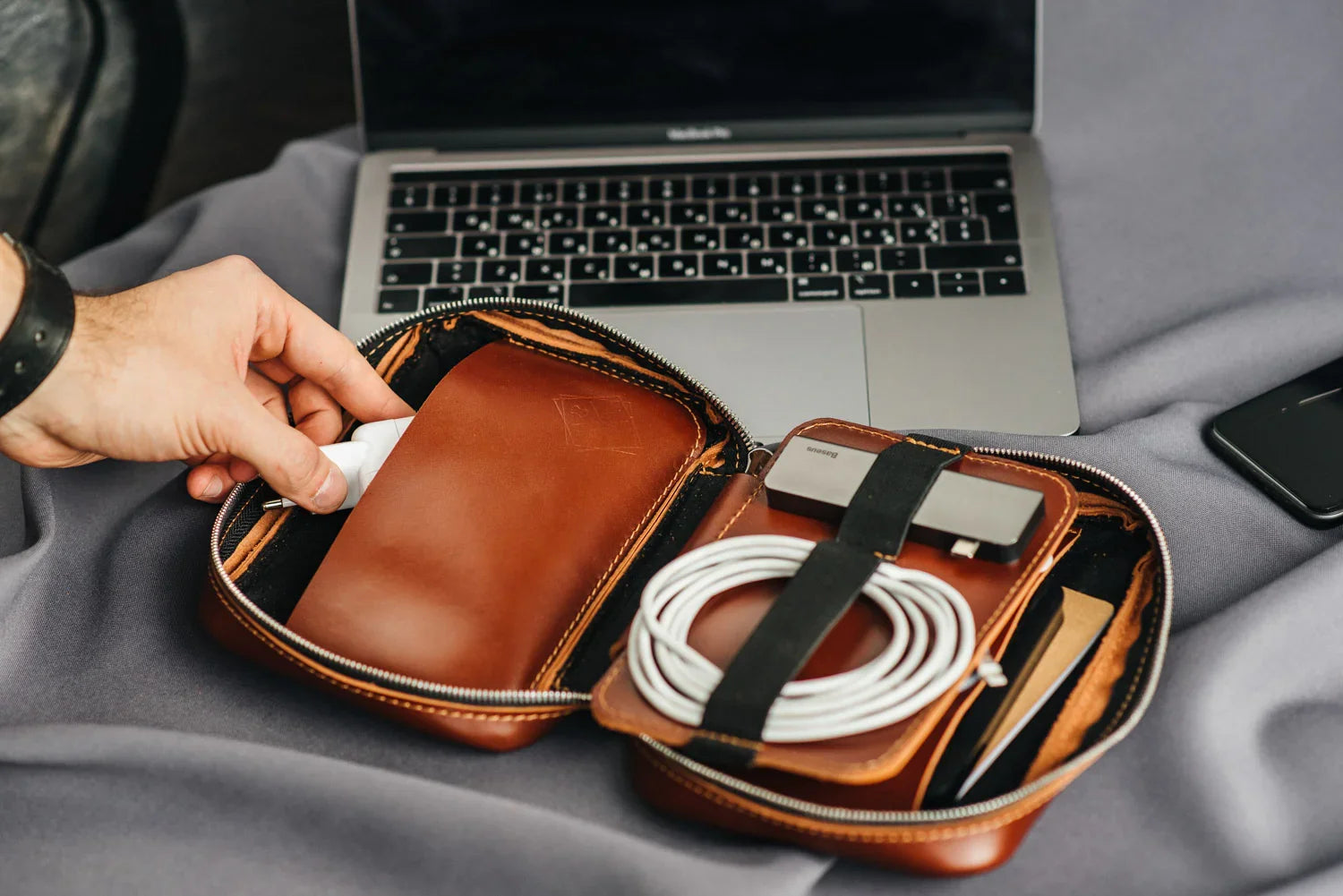 Zippered Leather Cable Organizer with Handle | Travel Tech Pouch
