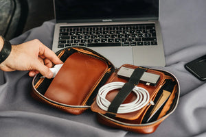 Zippered Leather Cable Organizer with Handle | Travel Tech Pouch