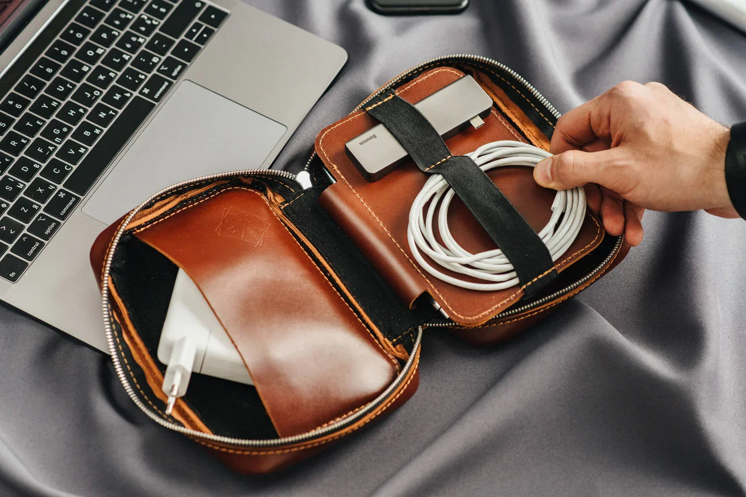 Zippered Leather Cable Organizer with Handle | Travel Tech Pouch