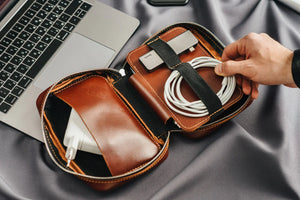 Zippered Leather Cable Organizer with Handle | Travel Tech Pouch