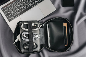 Zippered Leather Cable Organizer with Handle | Travel Tech Pouch