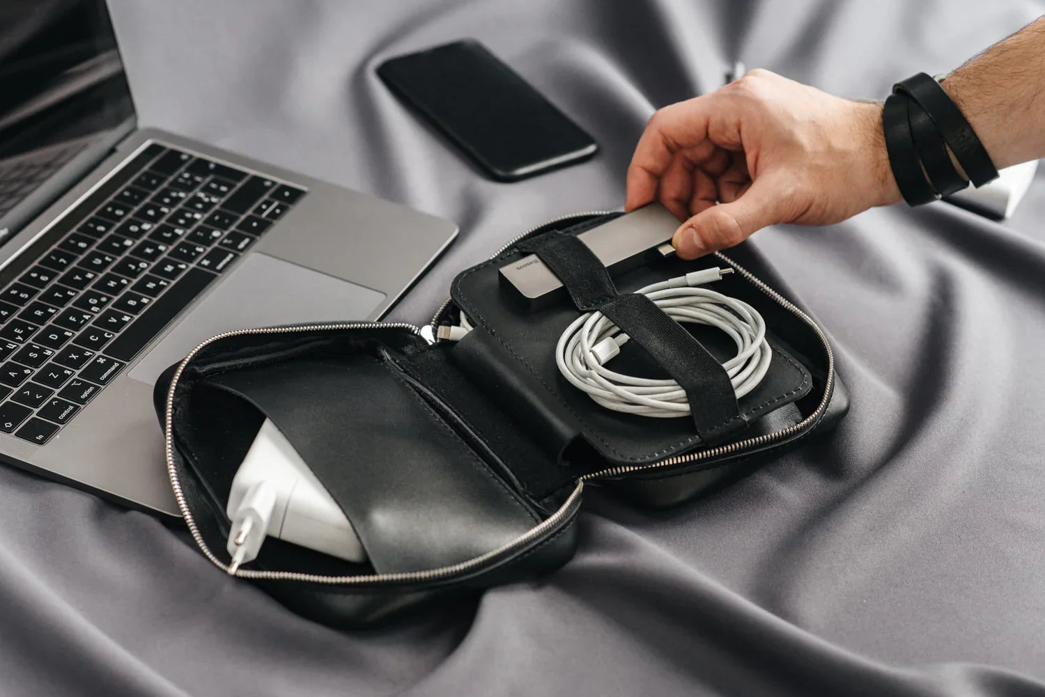 Zippered Leather Cable Organizer with Handle | Travel Tech Pouch