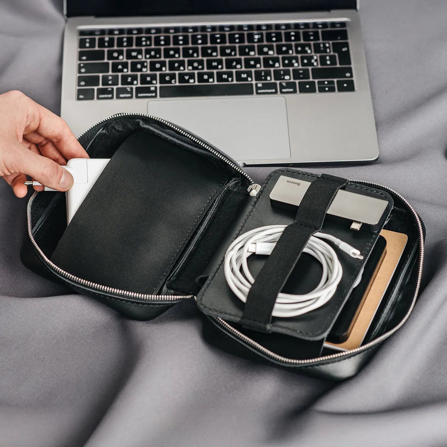 Zippered Leather Cable Organizer with Handle | Travel Tech Pouch