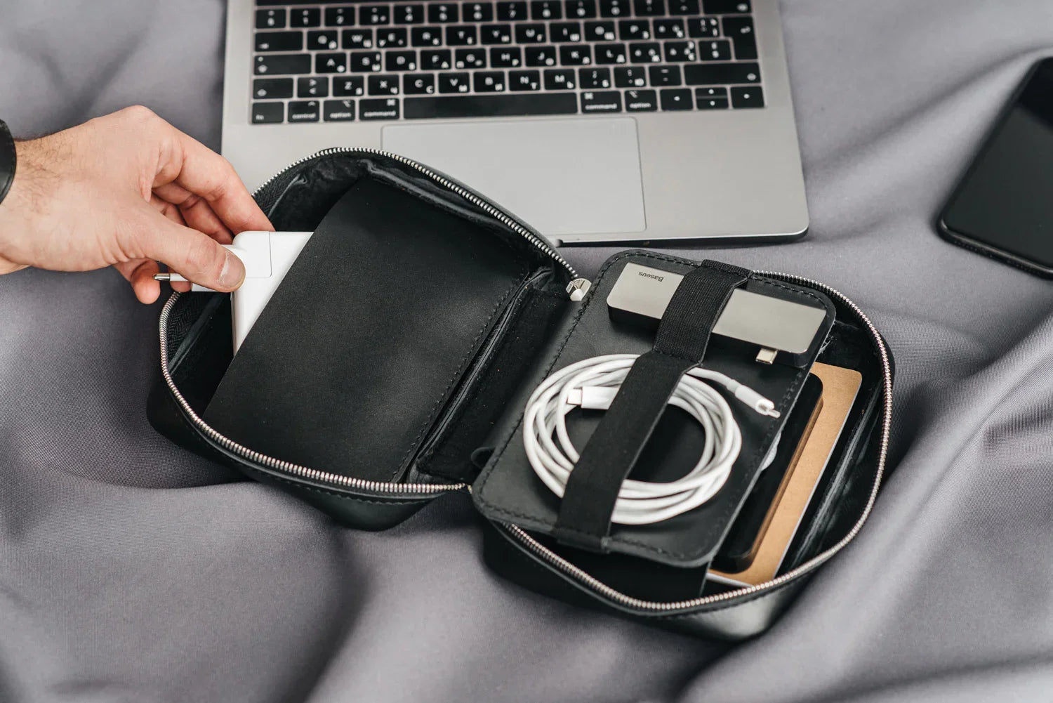 Zippered Leather Cable Organizer with Handle | Travel Tech Pouch