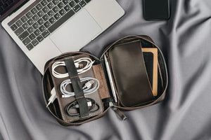 Zippered Leather Cable Organizer with Handle | Travel Tech Pouch