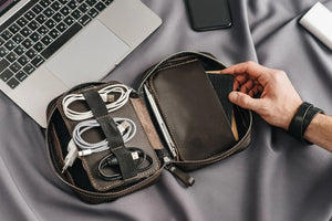 Zippered Leather Cable Organizer with Handle | Travel Tech Pouch