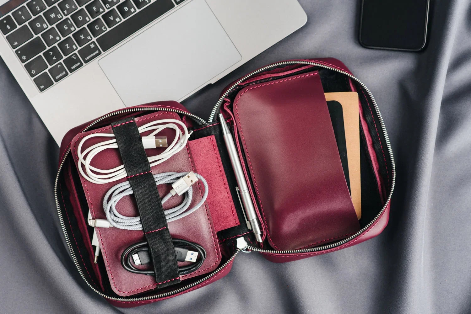 Zippered Leather Cable Organizer with Handle | Travel Tech Pouch
