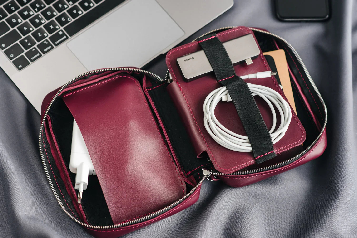 Zippered Leather Cable Organizer with Handle | Travel Tech Pouch