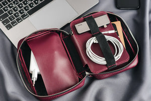 Zippered Leather Cable Organizer with Handle | Travel Tech Pouch