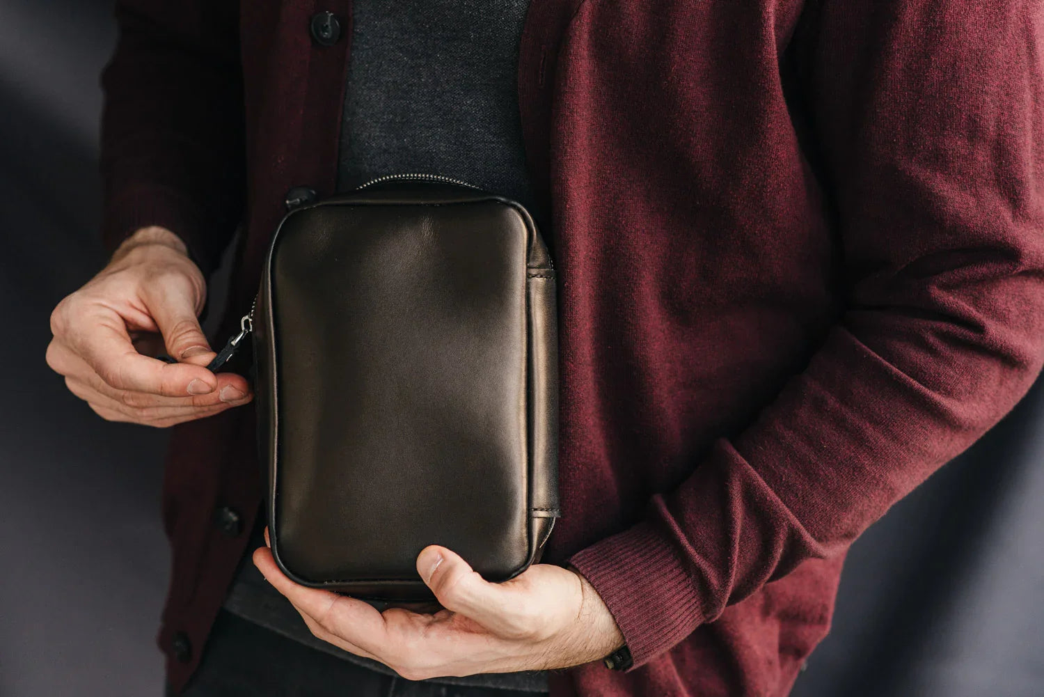 Zippered Leather Cable Organizer with Handle | Travel Tech Pouch