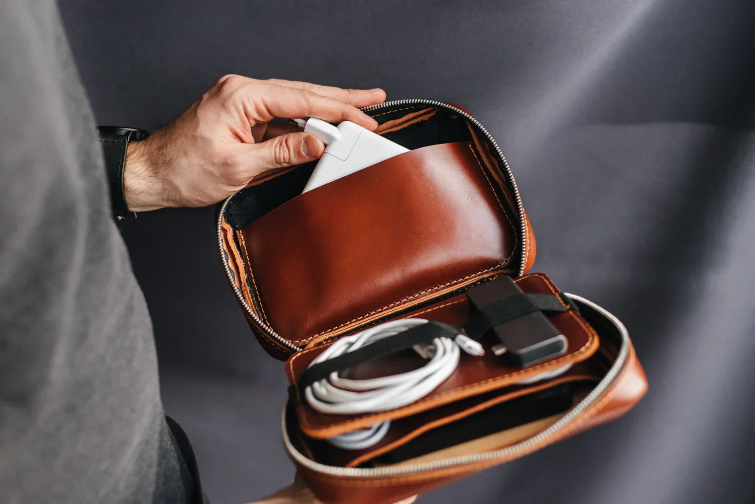 Zippered Leather Cable Organizer with Handle | Travel Tech Pouch