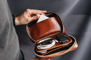 Zippered Leather Cable Organizer with Handle | Travel Tech Pouch
