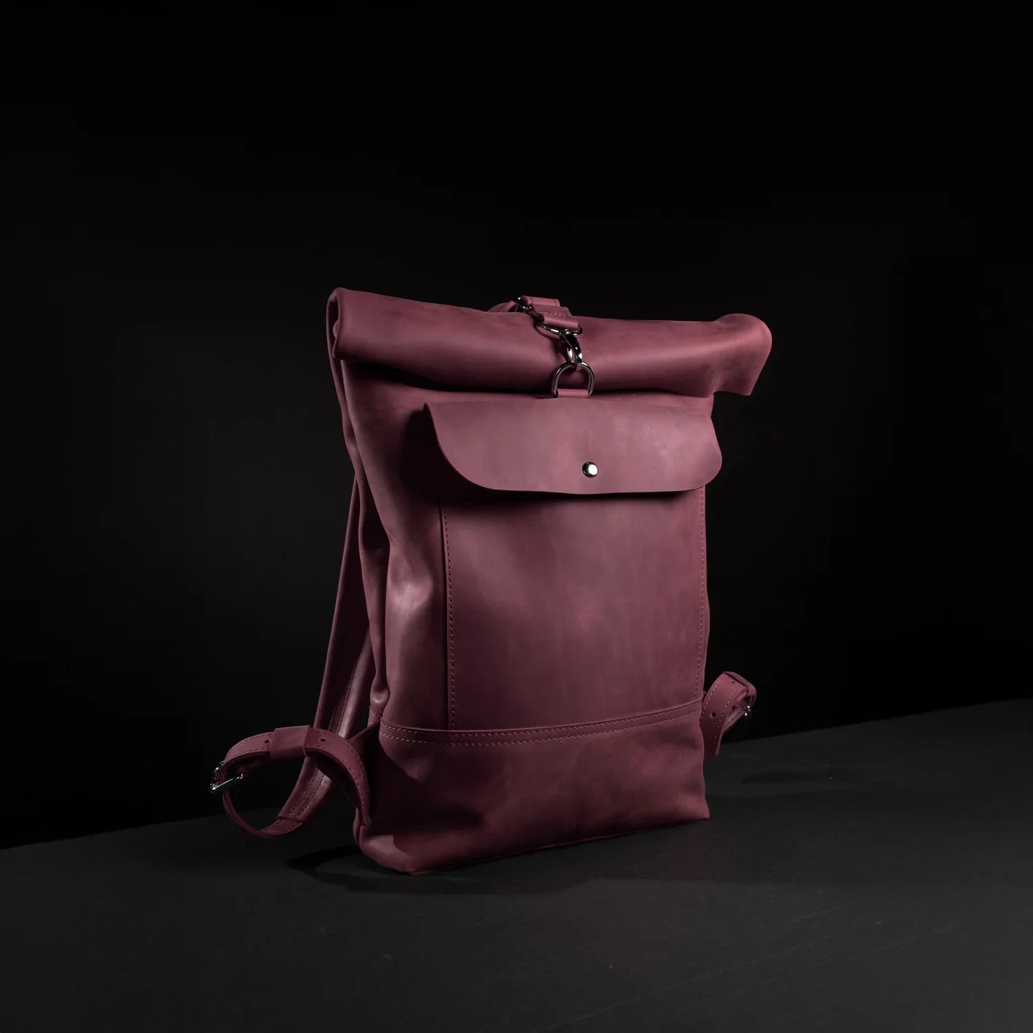 Matte Leather Roll Top Backpack