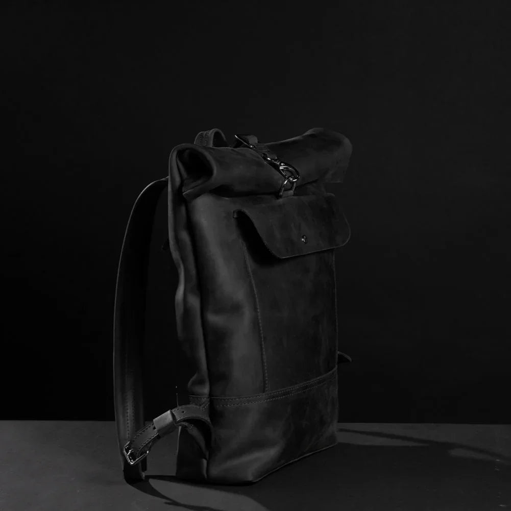 Matte Leather Roll Top Backpack