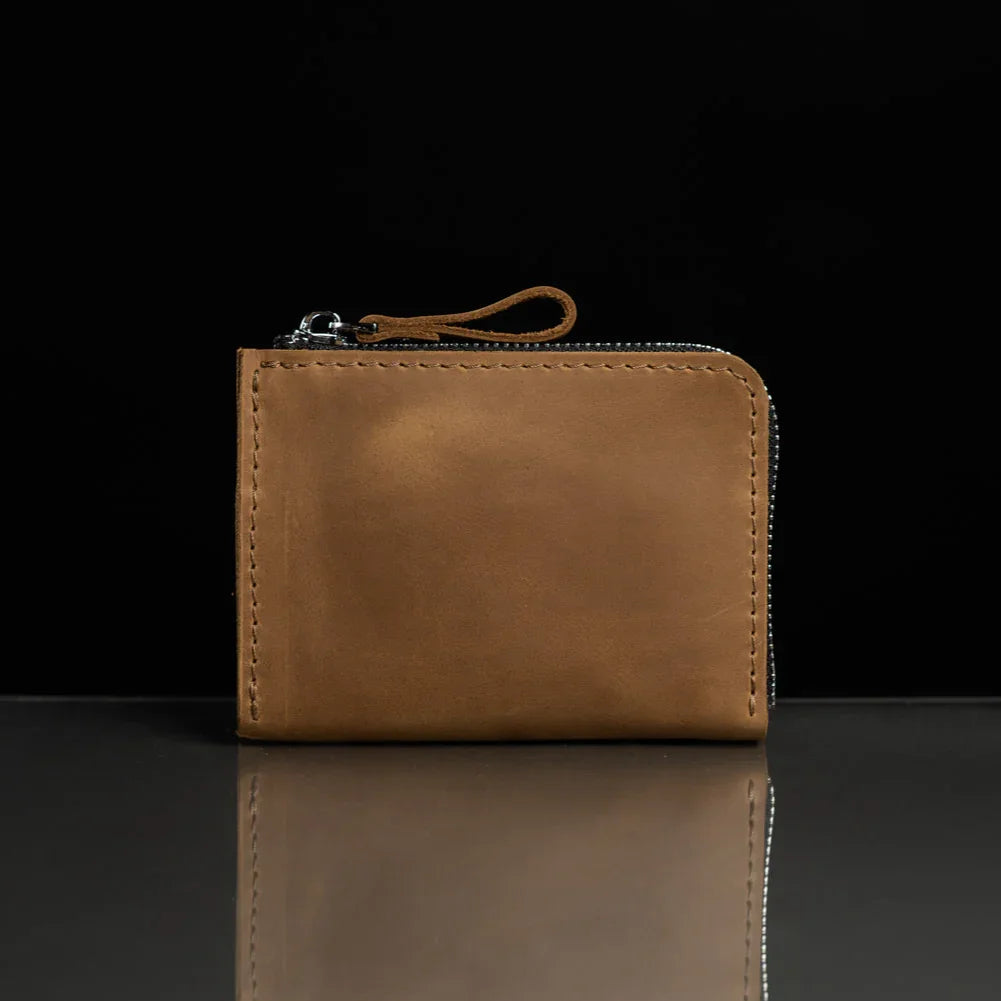 Compact Distressed Leather Wallet with Zipper