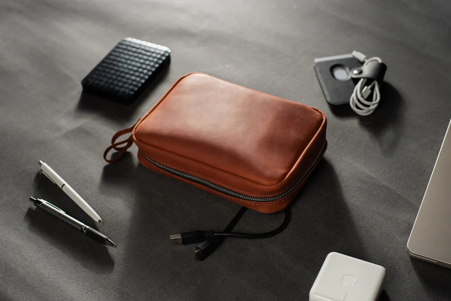 Distressed Leather Tech Organizer with Zipper | Tech & Cable Case