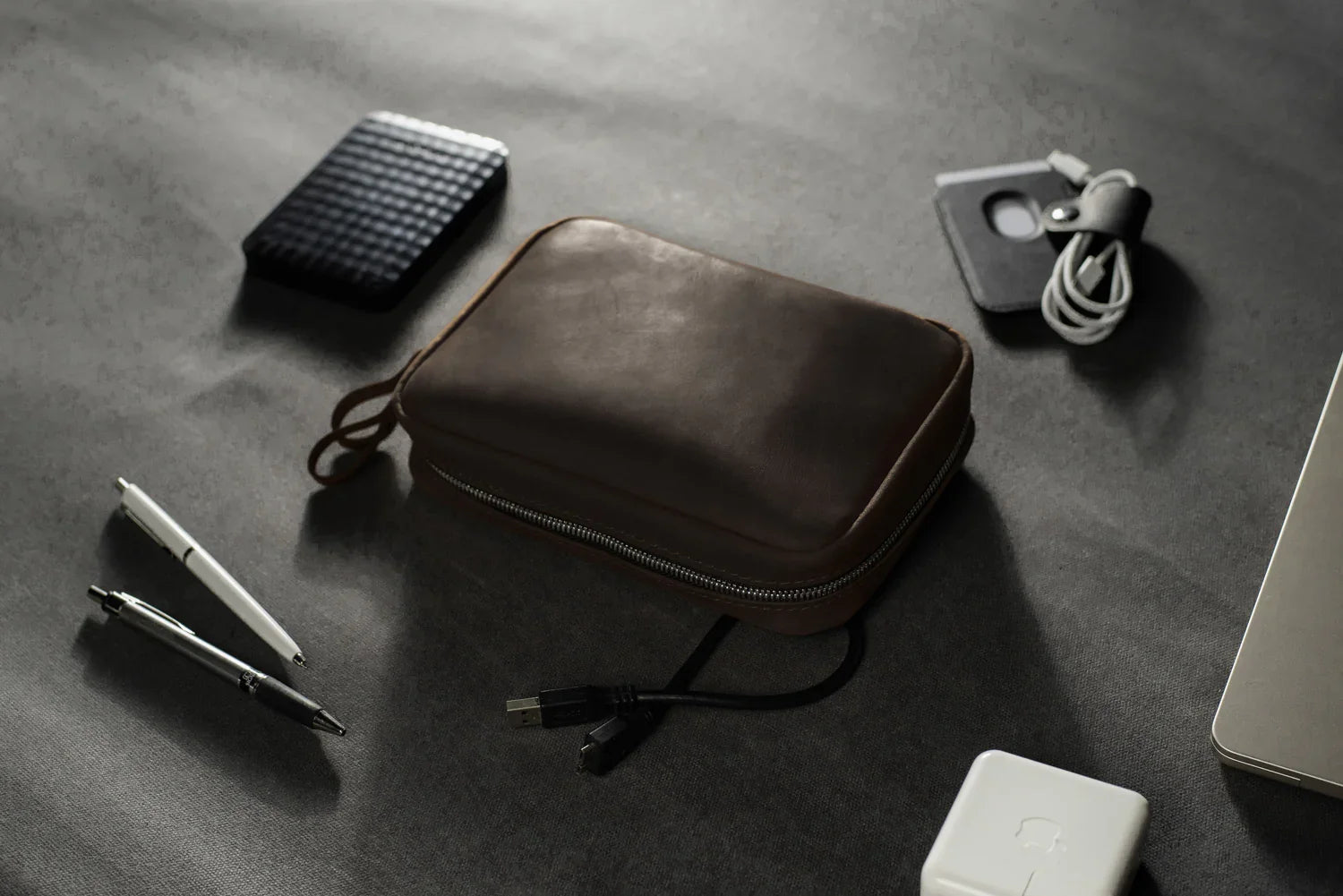 Distressed Leather Tech Organizer with Zipper | Tech & Cable Case