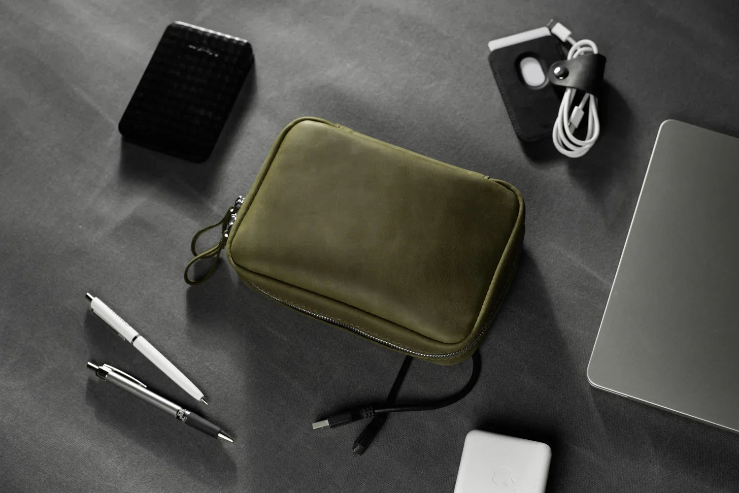 Distressed Leather Tech Organizer with Zipper | Tech & Cable Case