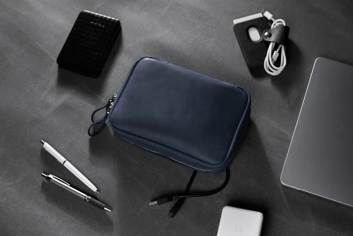 Distressed Leather Tech Organizer with Zipper | Tech & Cable Case