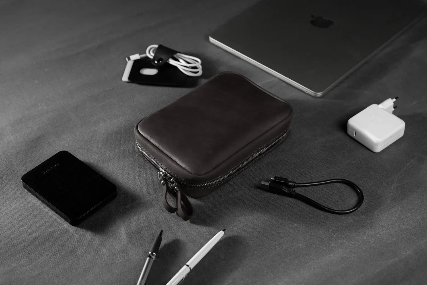 Distressed Leather Tech Organizer with Zipper | Tech & Cable Case
