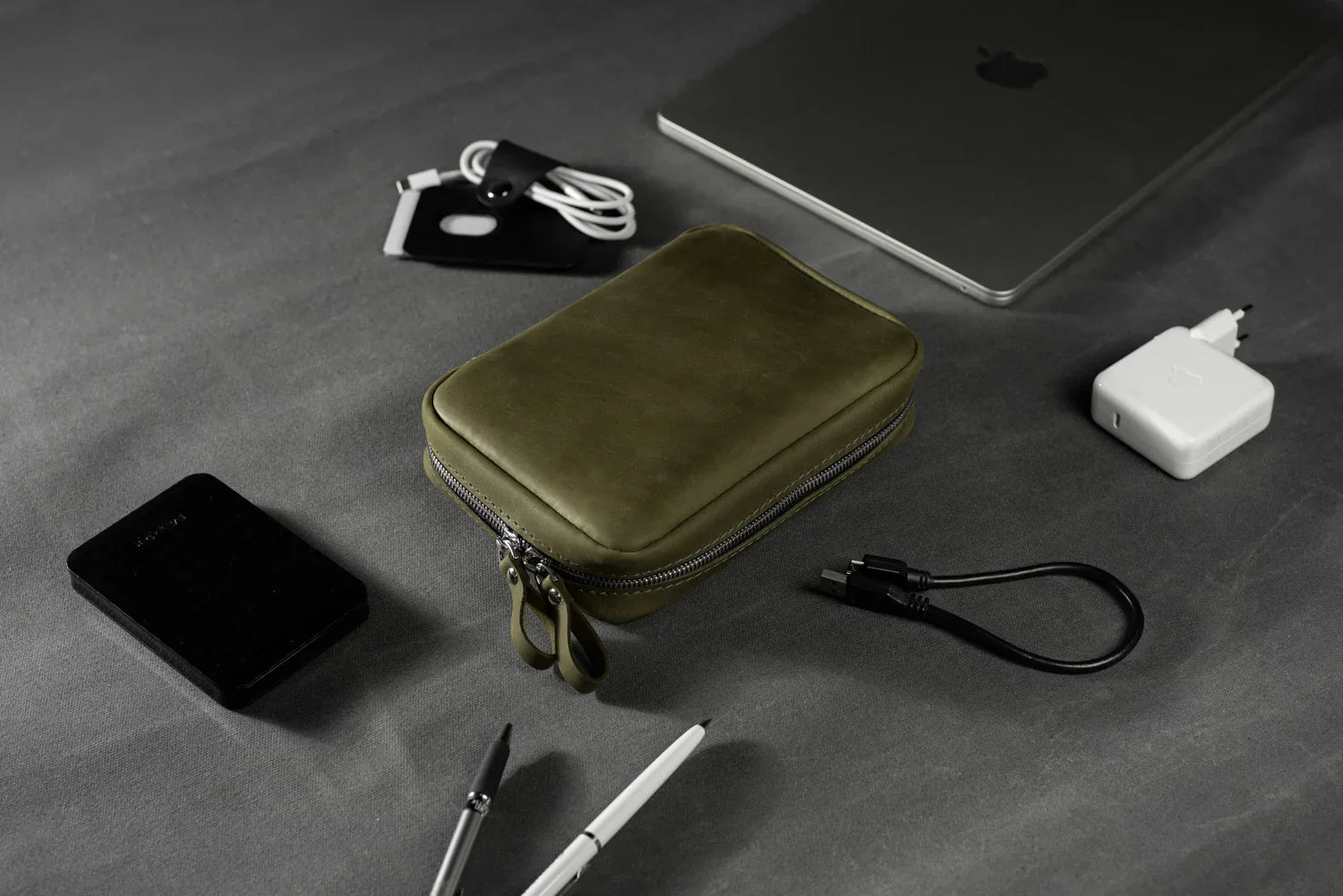 Distressed Leather Tech Organizer with Zipper | Tech & Cable Case