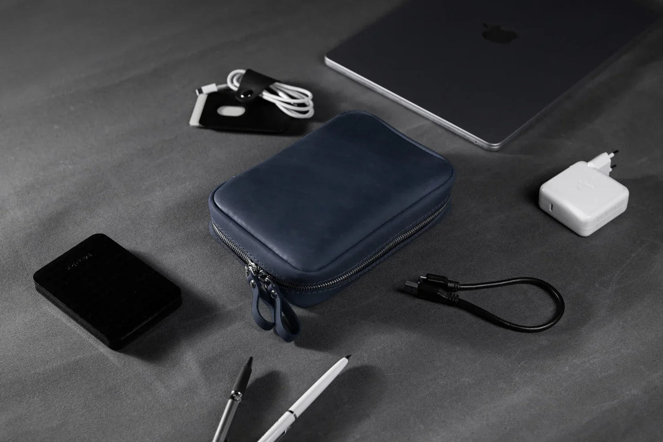 Distressed Leather Tech Organizer with Zipper | Tech & Cable Case