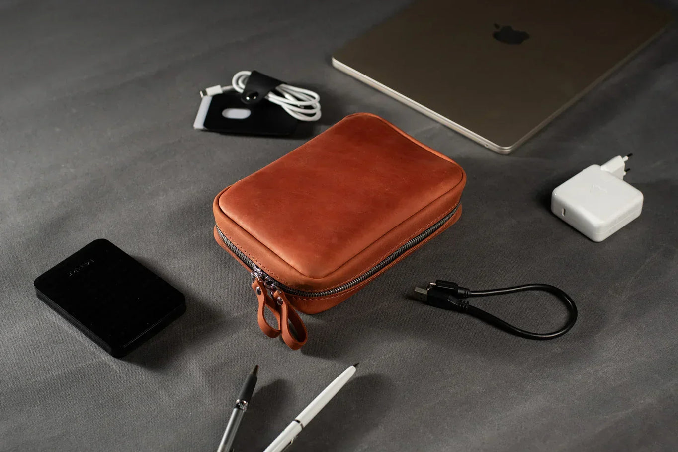 Distressed Leather Tech Organizer with Zipper | Tech & Cable Case
