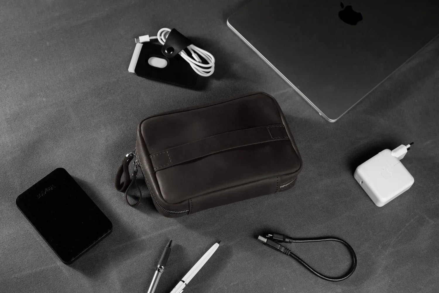 Distressed Leather Tech Organizer with Zipper | Tech & Cable Case