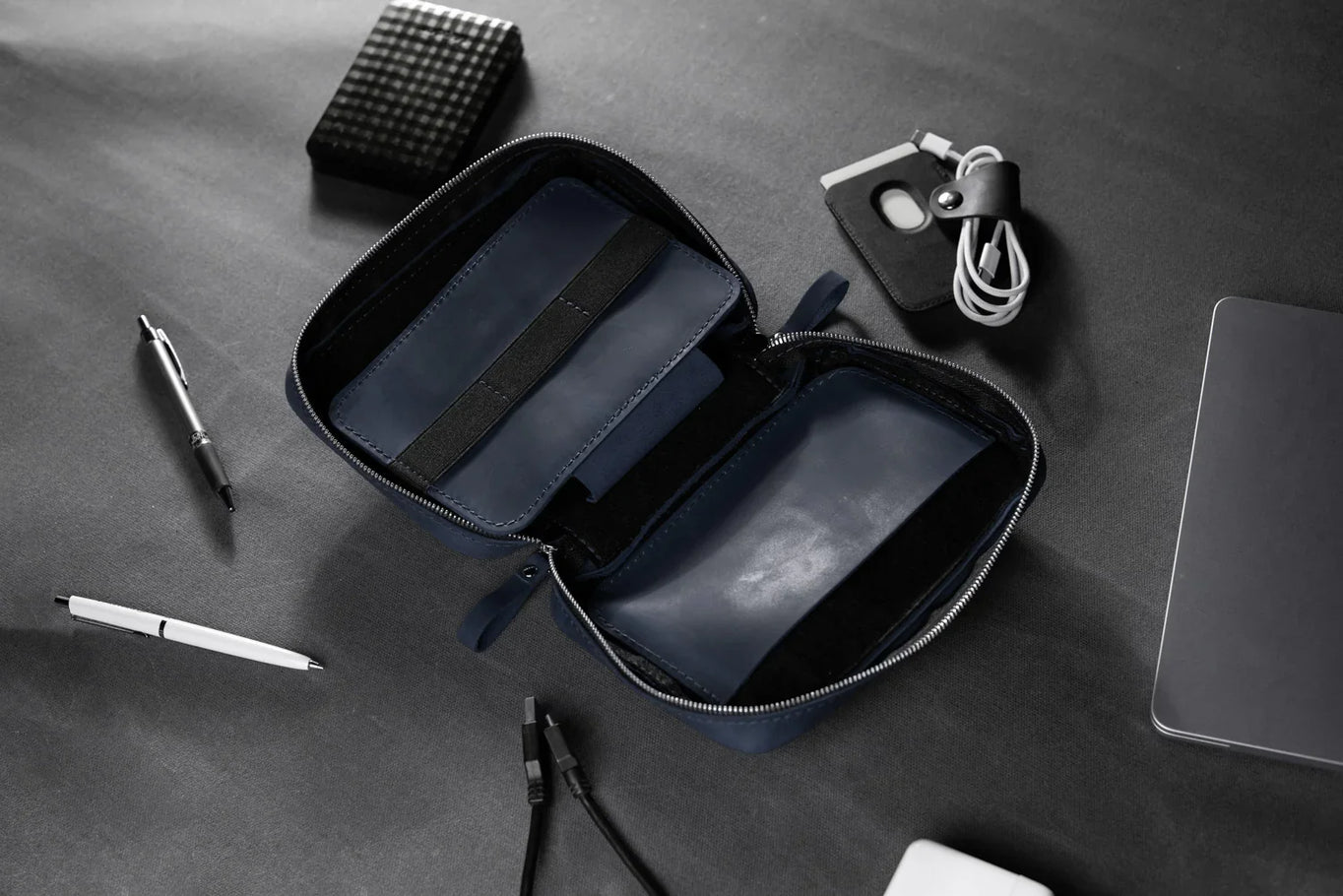 Distressed Leather Tech Organizer with Zipper | Tech & Cable Case
