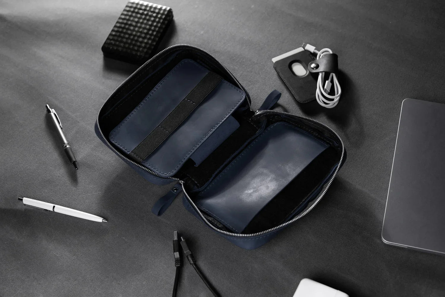 Distressed Leather Tech Organizer with Zipper | Tech & Cable Case