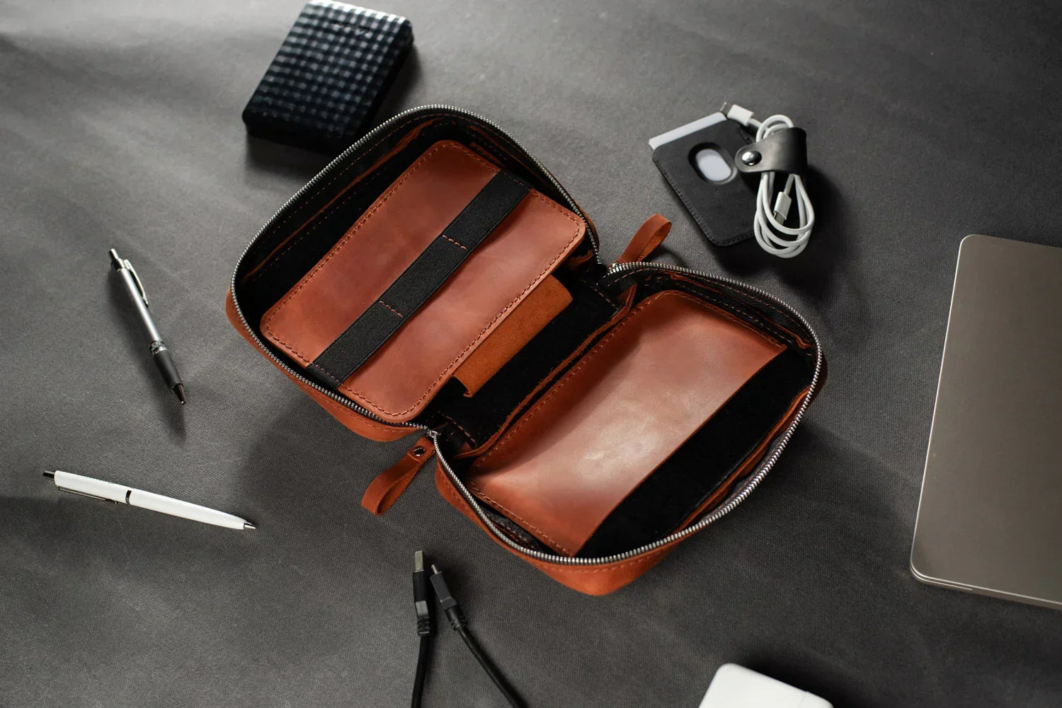 Distressed Leather Tech Organizer with Zipper | Tech & Cable Case