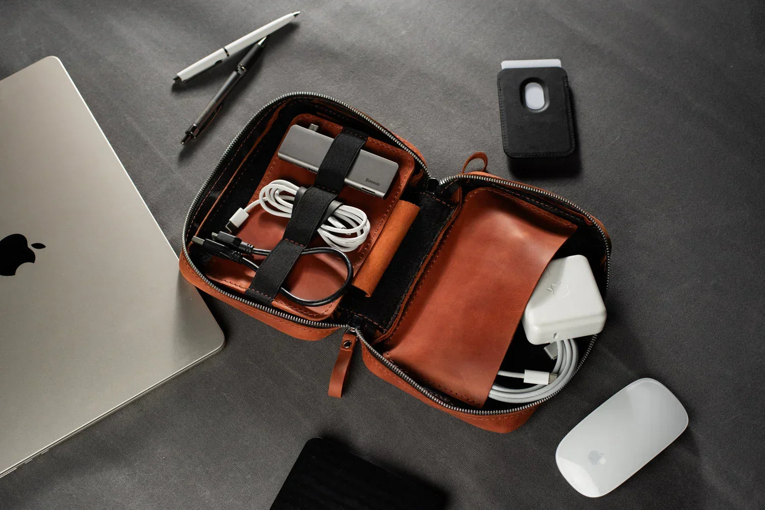 Distressed Leather Tech Organizer with Zipper | Tech & Cable Case