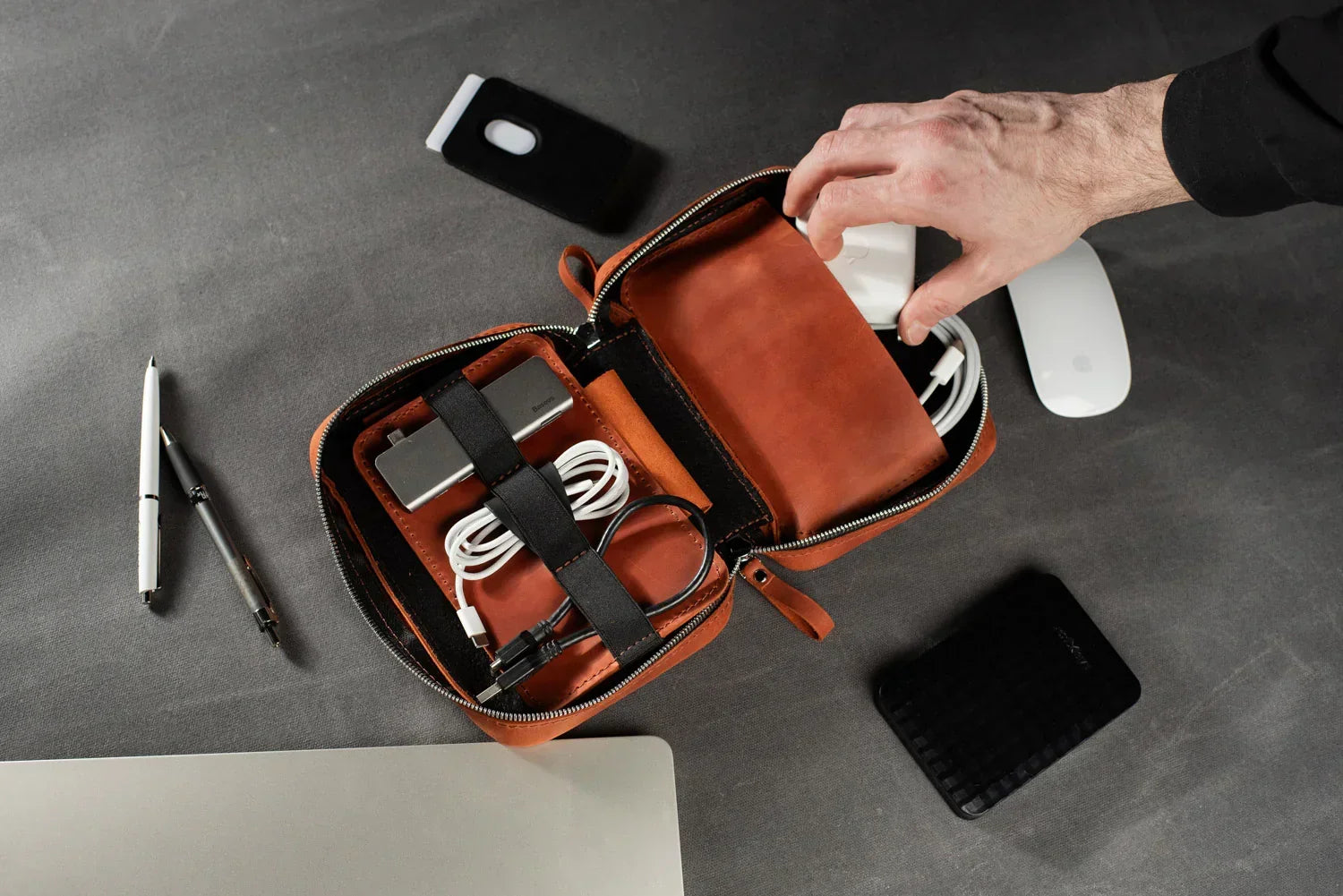 Distressed Leather Tech Organizer with Zipper | Tech & Cable Case
