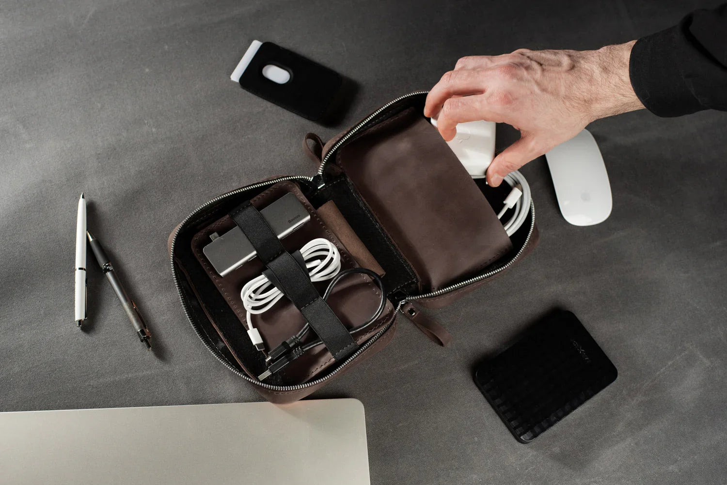 Distressed Leather Tech Organizer with Zipper | Tech & Cable Case