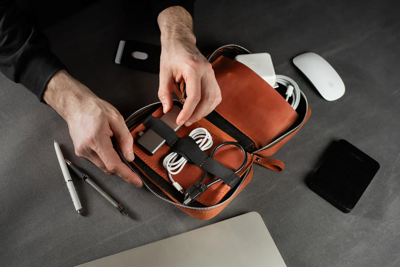 Distressed Leather Tech Organizer with Zipper | Tech & Cable Case